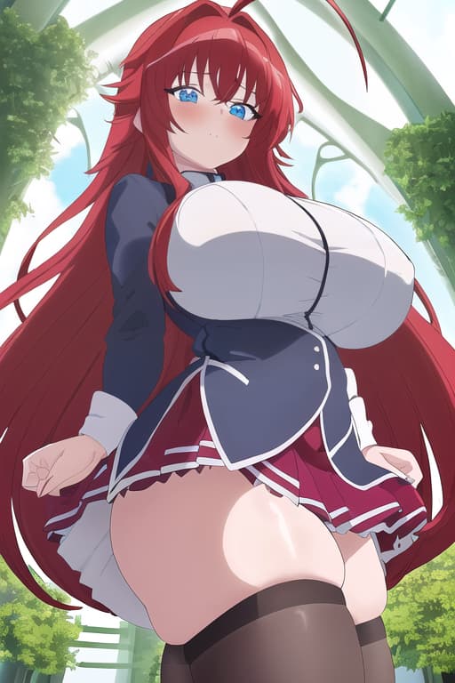  a fat in a very short arched over with a very small and tight with her looking through,masterpiece, best quality, 1women, long red hair, looking at viewer, :3, cute, black uniform, outdoors, streets, cowboy shot, curvy, (((blue eyes))), rias gremory, red hair, antenna hair, wavy hair, ((beautiful detailed eyes, beautiful detailed glow, lots of glow)), anime screencap