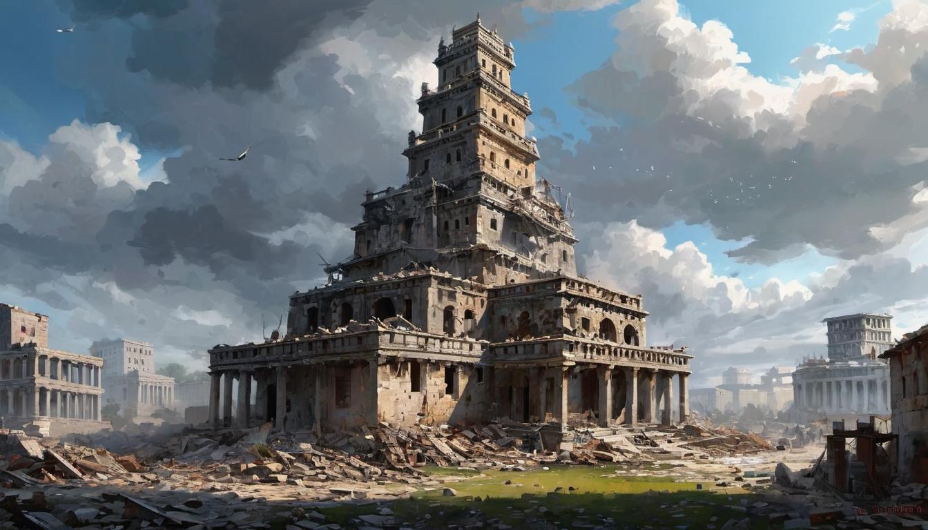  digital painting of scattered building materials amid an unfinished colossal tower, abrupt halt, divine intervention, sudden decay, chaotic ruin looking at viewer, dynamic pose, (intricate details, masterpiece, best quality)