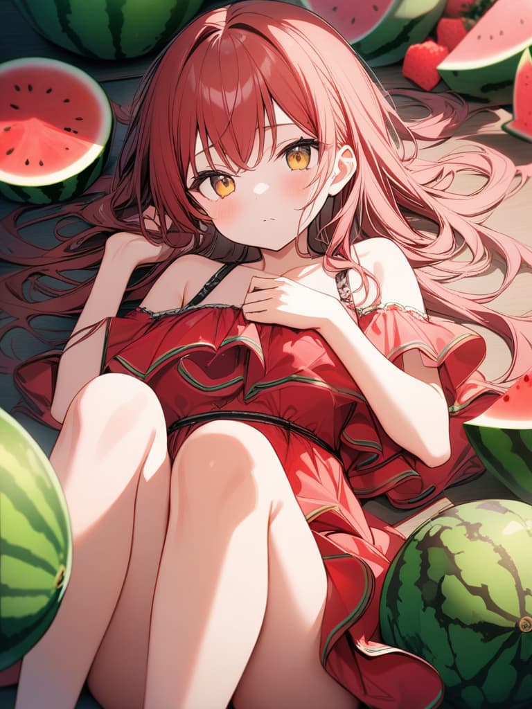  Cute, , thin body, green hair, yellow eyes, watermelon, watermelon, red and green dress, watermelon decoration, eyes, frills, red hair, gradation, masterpiece, best quality,8k,ultra detailed,high resolution,an extremely delicate and beautiful,hyper detail