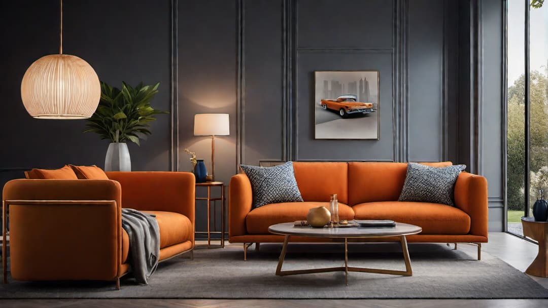  Generate an image of a cozy living room filled with retro furniture pieces such as a vibrant orange sofa, a sleek mid century modern coffee table, and a funky patterned armchair. The room should be adorned with vintage lamps and retro wall art. additional guidelines Focus on capturing the nostalgic atmosphere of retro home interior design. hyperrealistic, full body, detailed clothing, highly detailed, cinematic lighting, stunningly beautiful, intricate, sharp focus, f/1. 8, 85mm, (centered image composition), (professionally color graded), ((bright soft diffused light)), volumetric fog, trending on instagram, trending on tumblr, HDR 4K, 8K