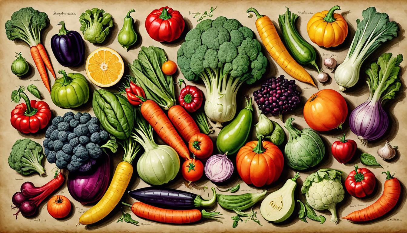  on parchment, surrealism+++, Colourful and diverse array of vegetables and fruits, organized neatly, vivid, nutrient rich(mysterious, provocative, symbolic,muted color)+++