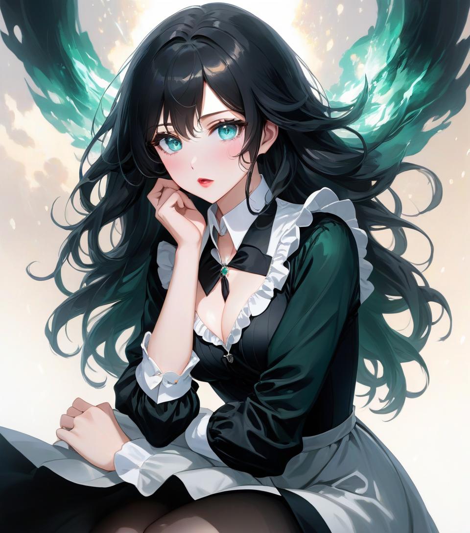  anime artwork beautiful , , white skinned, European, blue eyes, long black wavy hair, slender figure, small neat s, dressed in a black dress with a white collar and white cuffs, full length, foggy background(photorealism, oil painting: 1.3), (full length shot: 1.3), charming , long flowing black hair, (large sensual mouth: 1.2), plump lips, sparkling emerald eyes , narrow waist, (sensual drawing: 1.2), silvery glow, ethereal aura, detailed brushwork, intricate shadows and highlights, mysterious and captivating expression, unique color palette, masterful use of light and shadow, captivating atmosphere, pure emotion, intense gaze, dynamic composition. . anime style, key visual, vint, studio anime, highly d hyperrealistic, full body, detailed clothing, highly detailed, cinematic lighting, stunningly beautiful, intricate, sharp focus, f/1. 8, 85mm, (centered image composition), (professionally color graded), ((bright soft diffused light)), volumetric fog, trending on instagram, trending on tumblr, HDR 4K, 8K