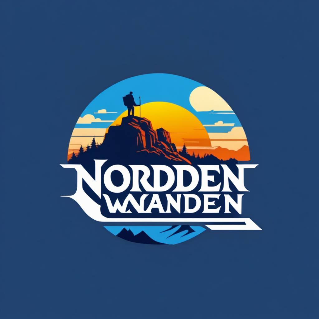  Logo, (realism style), Wanderer auf Bergwanderung im blauen Sonnenaufgang Richtung „Norden“.