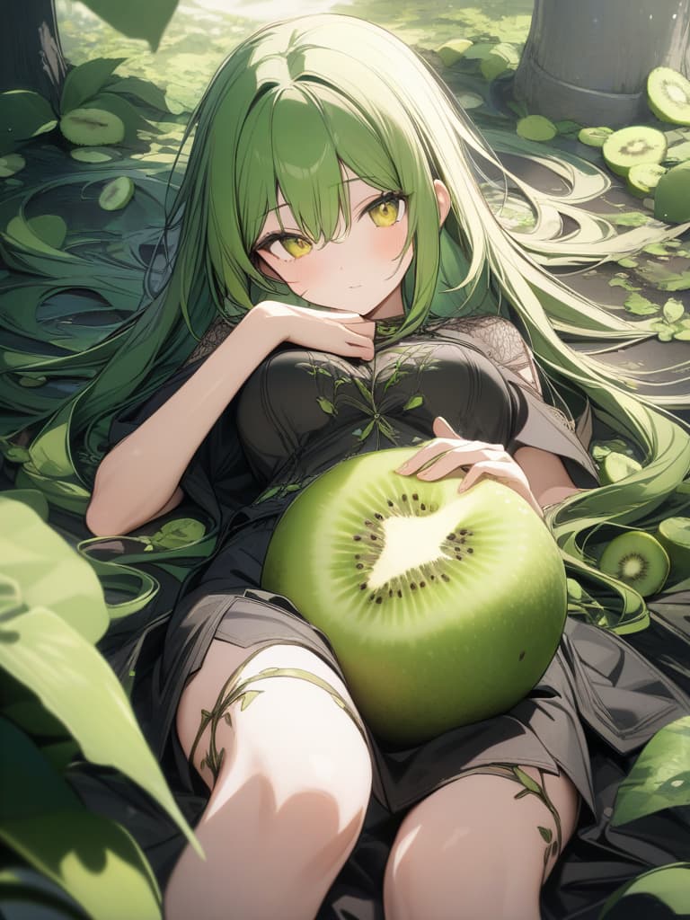  Cute, girl, long hair, thin body, kiwi fruit, kiwi decoration, half twin, yellow green eyes, vine, yellow green hair, masterpiece, best quality,8k,ultra detailed,high resolution,an extremely delicate and beautiful,hyper detail