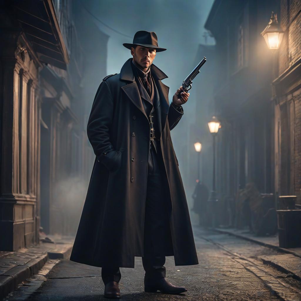  A man in a dark, long coat. Standing sideways. He has a hat. In his right hand he holds a revolver, his posture is confident and ready for action. The man has short hair. hyperrealistic, full body, detailed clothing, highly detailed, cinematic lighting, stunningly beautiful, intricate, sharp focus, f/1. 8, 85mm, (centered image composition), (professionally color graded), ((bright soft diffused light)), volumetric fog, trending on instagram, trending on tumblr, HDR 4K, 8K