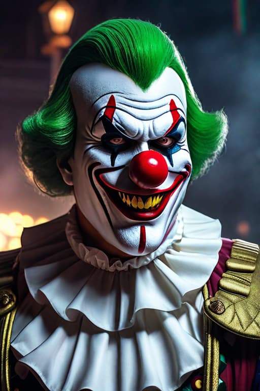  Evil clown, glasses, hyperrealistic, full body, detailed clothing, highly detailed, cinematic lighting, stunningly beautiful, intricate, sharp focus, f/1. 8, 85mm, (centered image composition), (professionally color graded), ((bright soft diffused light)), volumetric fog, trending on instagram, trending on tumblr, HDR 4K, 8K