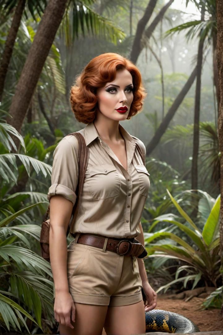  a 1920’s era crying and screaming young female,auburn haired,jungle explorer ,Jill St. John , wearing her khaki shorts and shirt with khaki knee socks , is attacked by a python She wraps the python around her waist hyperrealistic, full body, detailed clothing, highly detailed, cinematic lighting, stunningly beautiful, intricate, sharp focus, f/1. 8, 85mm, (centered image composition), (professionally color graded), ((bright soft diffused light)), volumetric fog, trending on instagram, trending on tumblr, HDR 4K, 8K