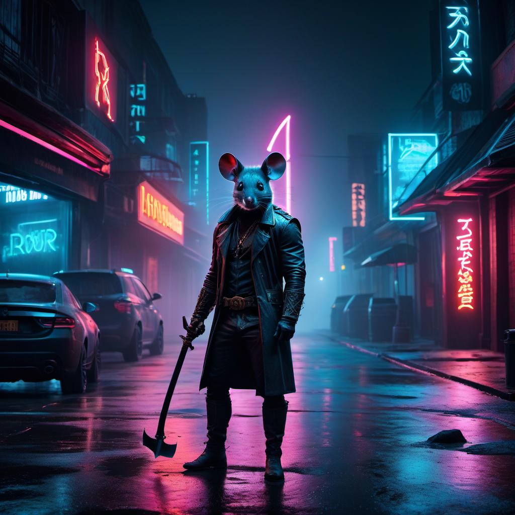  neon noir minimalistic drawing, mouse, barbarian, with an axe, sketch, life size, evil, . cyberpunk, dark, rainy streets, neon signs, high contrast, low light, vibrant, highly detailed hyperrealistic, full body, detailed clothing, highly detailed, cinematic lighting, stunningly beautiful, intricate, sharp focus, f/1. 8, 85mm, (centered image composition), (professionally color graded), ((bright soft diffused light)), volumetric fog, trending on instagram, trending on tumblr, HDR 4K, 8K