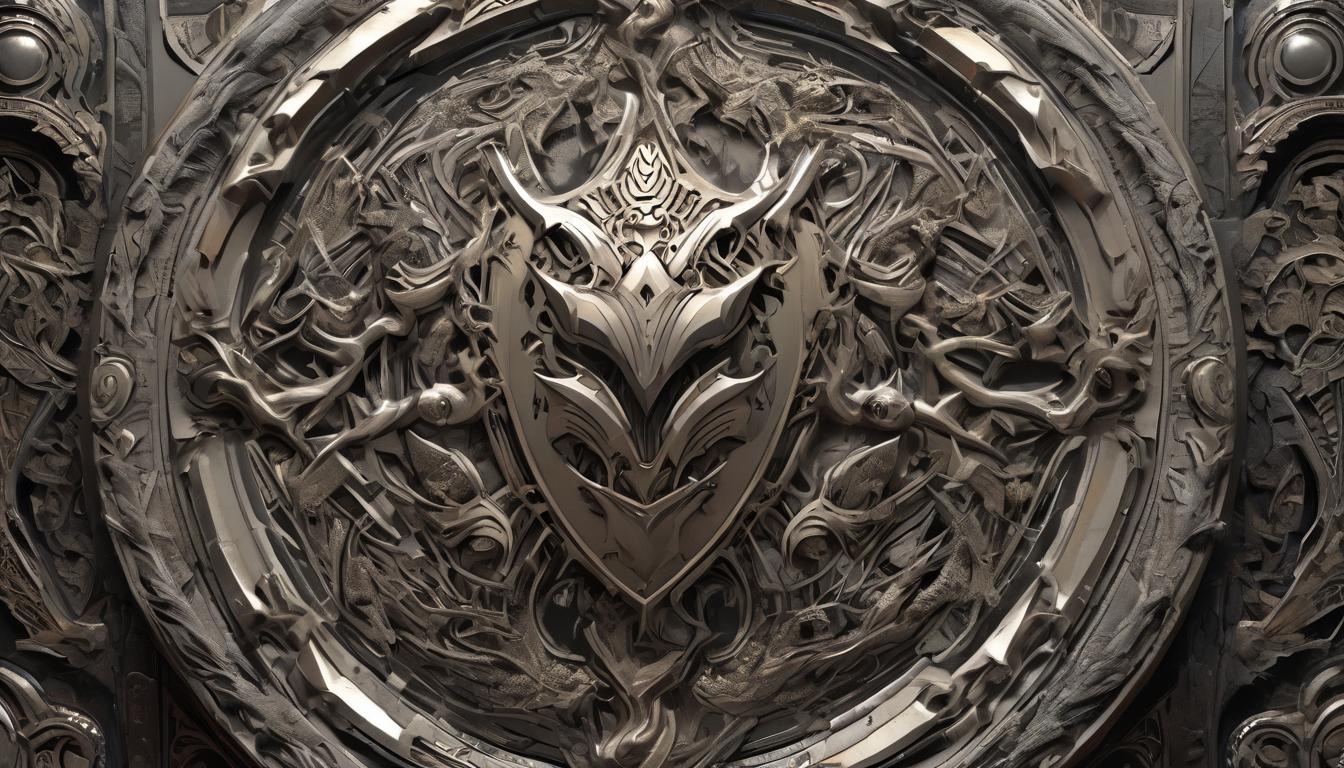  hyperrealism,fantasy aestheticA large, ornately decorated shield, filigree and intricate carvings, reflecting light, emblem of resilience in the center, strong, protective, symbolic, invulnerable, high tech clothing clad in sleek, futuristic costume with metallic accents and form fitting designs, marvel superhero comics style, unreal engine rendering