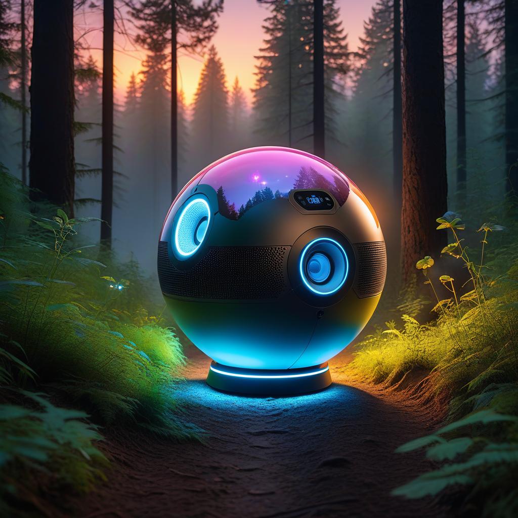  Ball shaped music speaker with neon lamps and multi colored buttons on a forest path, against the backdrop of a twilight forest with fireflies, digital painting, high detail, double exposure hyperrealistic, full body, detailed clothing, highly detailed, cinematic lighting, stunningly beautiful, intricate, sharp focus, f/1. 8, 85mm, (centered image composition), (professionally color graded), ((bright soft diffused light)), volumetric fog, trending on instagram, trending on tumblr, HDR 4K, 8K