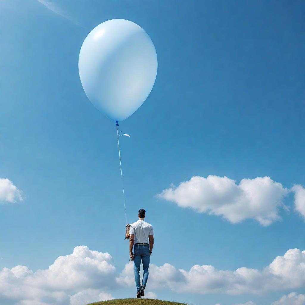  A blue balloon with white wings attached to the balloon, floating to heaven in a serene sky background. hyperrealistic, full body, detailed clothing, highly detailed, cinematic lighting, stunningly beautiful, intricate, sharp focus, f/1. 8, 85mm, (centered image composition), (professionally color graded), ((bright soft diffused light)), volumetric fog, trending on instagram, trending on tumblr, HDR 4K, 8K