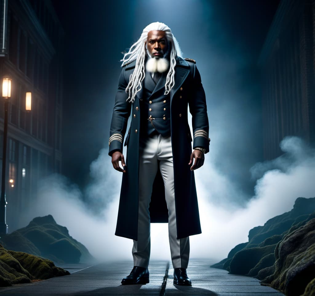  lovecraftian horror A black man, soldier, in a coat, beard, long white hair, standing upright, muscular build, height of 2 meters. . eldritch, cosmic horror, unknown, mysterious, surreal, highly detailed hyperrealistic, full body, detailed clothing, highly detailed, cinematic lighting, stunningly beautiful, intricate, sharp focus, f/1. 8, 85mm, (centered image composition), (professionally color graded), ((bright soft diffused light)), volumetric fog, trending on instagram, trending on tumblr, HDR 4K, 8K