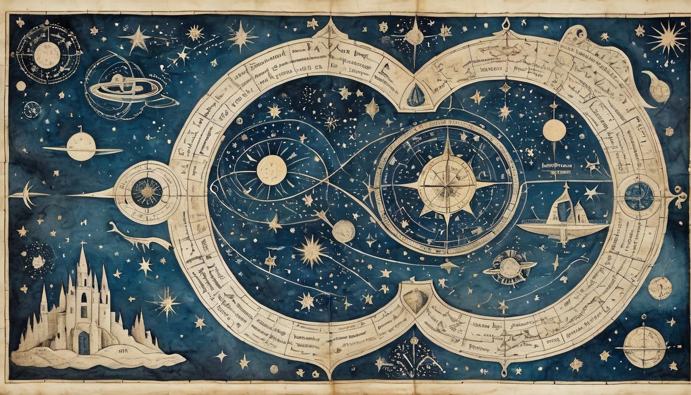  on parchment, surrealism+++, A celestial map with constellations and flowing currents, background of deep space, destiny woven in the stars, guidance(mysterious, provocative, symbolic,muted color)+++