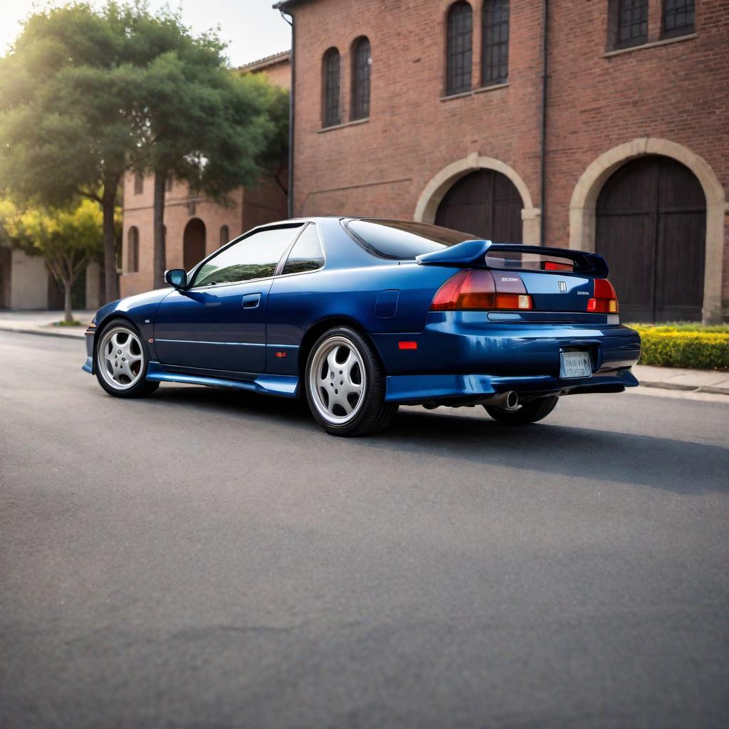  1996 Honda Prelude Si in blue color, parked on a road. The car should showcase its sporty design elements, including its sleek front grille, distinctive alloy wheels, and characteristic mid-90s coupe body lines. The background should be simple to keep the focus on the car. hyperrealistic, full body, detailed clothing, highly detailed, cinematic lighting, stunningly beautiful, intricate, sharp focus, f/1. 8, 85mm, (centered image composition), (professionally color graded), ((bright soft diffused light)), volumetric fog, trending on instagram, trending on tumblr, HDR 4K, 8K