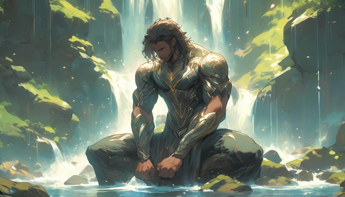  hyperrealism,fantasy aesthetic1man, handsome brunette arian male humanoid, meditating by a waterfall, celestial energy surrounding, tranquil and powerful, high tech clothing clad in sleek, futuristic costume with metallic accents and form fitting designs, marvel superhero comics style, unreal engine rendering