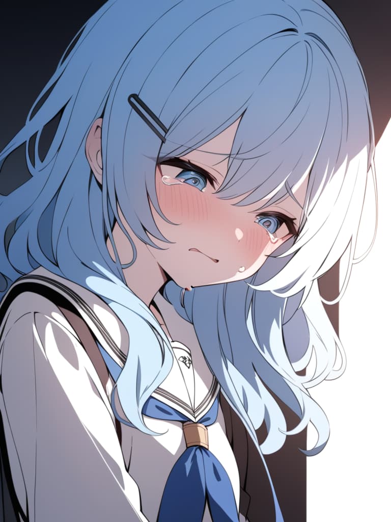  ((teary eyes,light blue hair,crying,defeated heroine,girl who has lost her love)),beautiful girl,pretty,cute,sailor uniform,medium hair,curly hair,looking down,blue eyes,hairpin,tears,flushed face,distorted lips,painful,painful expression,pain of broken heart,student,female student,ultra detailed,best shadow,cute and beautiful face,(masterpiece:1.2),(best quality:1.2),detailed background,high contrast,(best illumination,an extremely delicate and beautiful),((cinematic light)),hyper detail,dramatic light,intricate details,8k,anime,very aesthetic, masterpiece, best quality,8k,ultra detailed,high resolution,an extremely delicate and beautiful,hyper detail