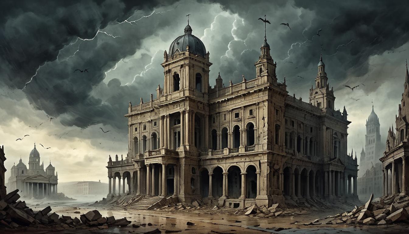  on parchment, surrealism+++, A grand structure with elaborate architecture starting to crack and crumble, debris falling from its facade, surrounded by a dark stormy sky, dramatic, decaying(mysterious, provocative, symbolic,muted color)+++