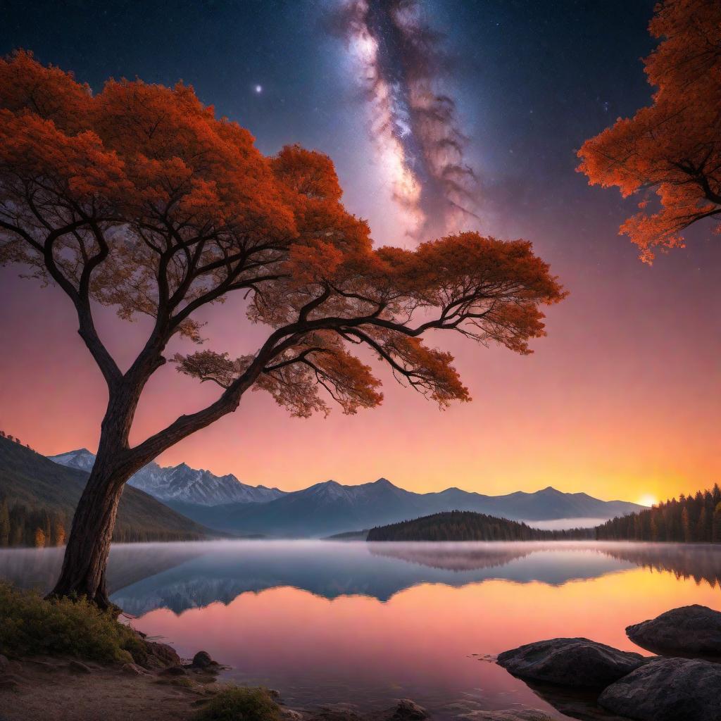  A stunning sunrise with stars in the sky. The image should feature the sun just beginning to rise over the horizon, with vibrant colors like orange, pink, and gold. The sky should also have twinkling stars still visible as the night transitions to morning. The foreground can include a calm lake or ocean reflecting the colors of the sunrise, and silhouettes of trees or mountains to add depth. hyperrealistic, full body, detailed clothing, highly detailed, cinematic lighting, stunningly beautiful, intricate, sharp focus, f/1. 8, 85mm, (centered image composition), (professionally color graded), ((bright soft diffused light)), volumetric fog, trending on instagram, trending on tumblr, HDR 4K, 8K