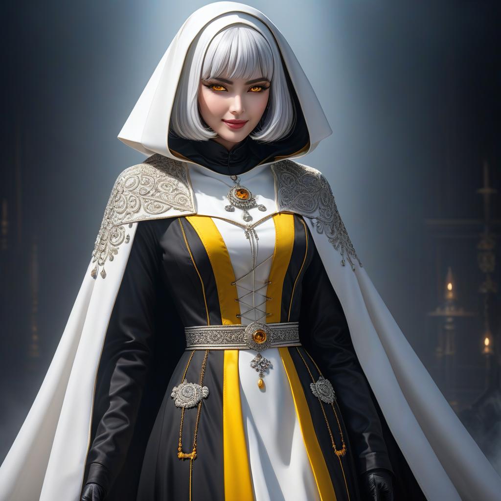  1, , age , , body, small brests, nun, (full body), hourgl figure, silver hair, bob cut, bright yellow eyes, glowing eyes, white clothing, nun habit, white cloak, looks at viewer, smile, sly smile, , (( face)), cunning, (extremely hyper detailed face), (masterpiece:1.4), (perfect eyes:1.1), (perfect hands), 2d, anime, extremely detailed clothes. hyperrealistic, full body, detailed clothing, highly detailed, cinematic lighting, stunningly beautiful, intricate, sharp focus, f/1. 8, 85mm, (centered image composition), (professionally color graded), ((bright soft diffused light)), volumetric fog, trending on instagram, trending on tumblr, HDR 4K, 8K