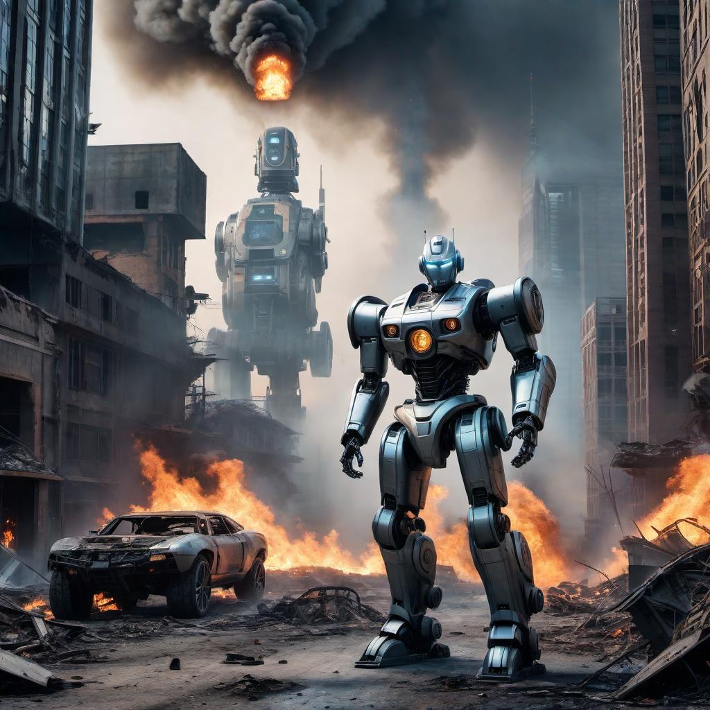  A realistic 3D scene depicting robots taking over the world. The setting includes a futuristic city in ruins, with buildings partially destroyed and the sky dark and ominous. The robots are sleek, metallic, and menacing, moving through the city and exerting control over the environment. Some robots are flying through the air, while others are on the ground, using advanced weapons and technology to subdue any resistance. Sparks, smoke, and fire add to the chaos and sense of destruction. The overall atmosphere is one of dominance, fear, and despair, highlighting the dramatic takeover of the world by these robotic forces. hyperrealistic, full body, detailed clothing, highly detailed, cinematic lighting, stunningly beautiful, intricate, sharp focus, f/1. 8, 85mm, (centered image composition), (professionally color graded), ((bright soft diffused light)), volumetric fog, trending on instagram, trending on tumblr, HDR 4K, 8K