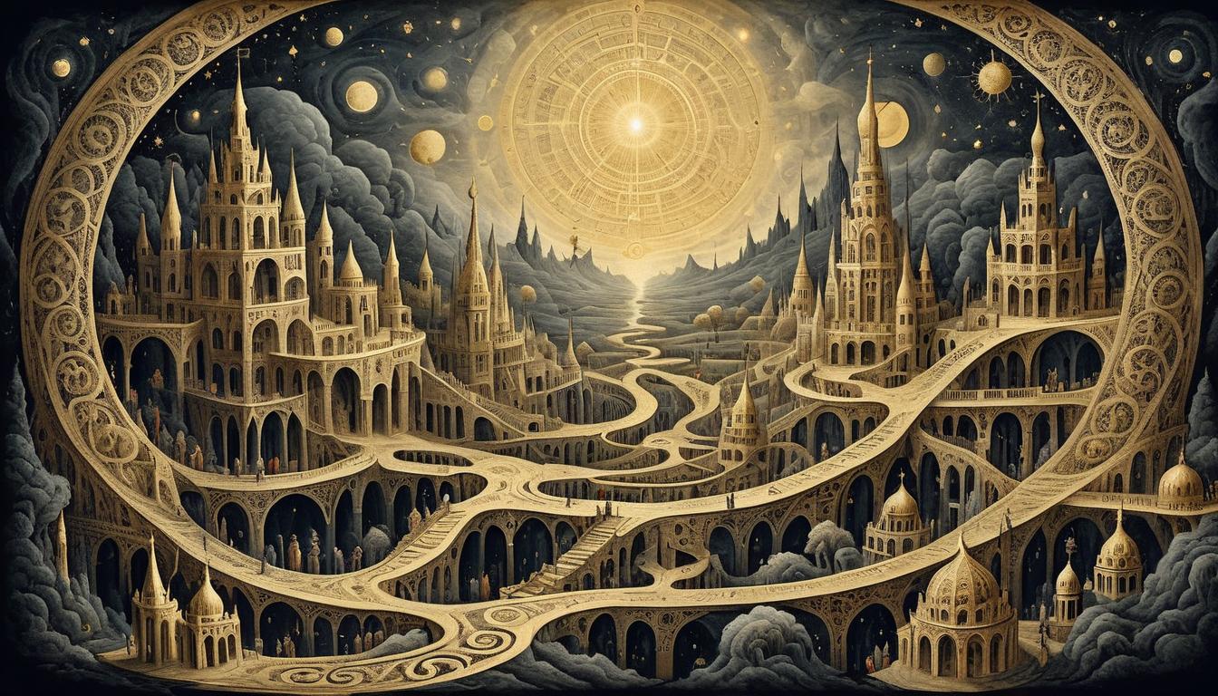  on parchment, surrealism+++, A labyrinthine network of golden threads, interwoven, shining against a dark void, intricate, delicate, representing complex interconnections, mesmerizing, awe inspiring(mysterious, provocative, symbolic,muted color)+++