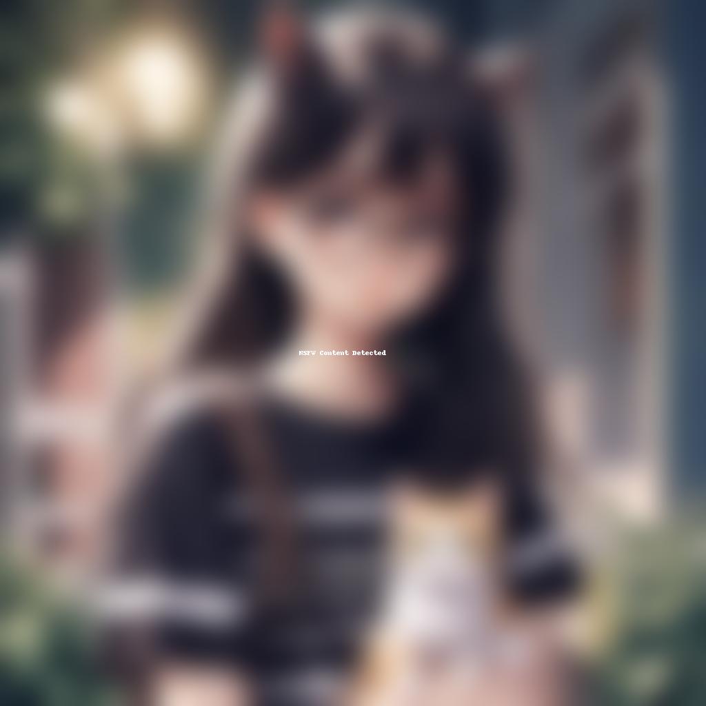  a cute girl with dark very long loose hair and double bangs and a small stature in a t-shirt with a white and black horizontal stripe and polarized glasses is sad with a cat in a cute anime style on a