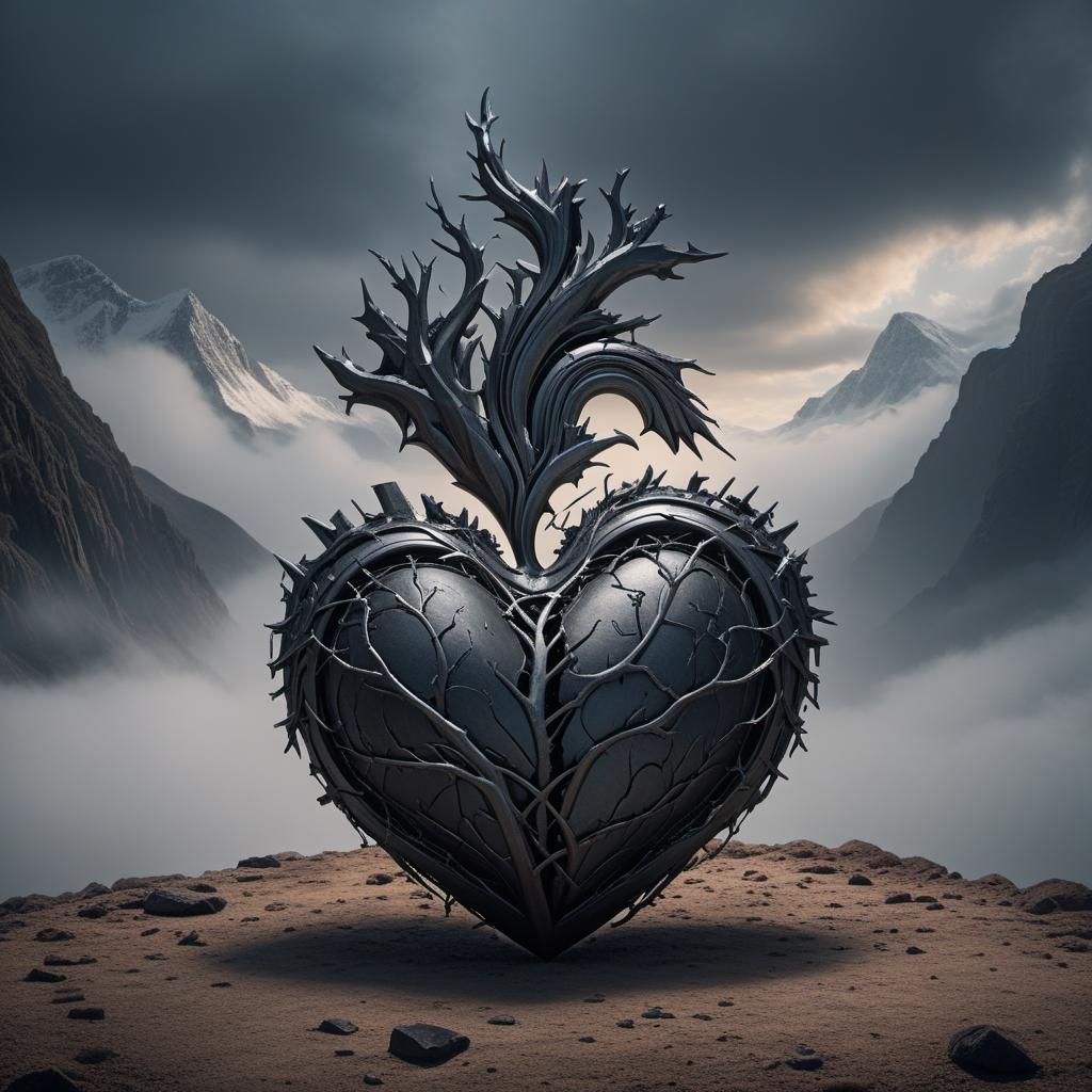  A heart broken because one person was willing to work through issues, but the other person gave up due to differing beliefs. The heart is fractured down the middle, one half showing dedication and willingness to compromise, while the other half shows distance and disbelief. The background should emphasize the emotional tension, with a mix of dark and light colors representing the emotional turmoil. hyperrealistic, full body, detailed clothing, highly detailed, cinematic lighting, stunningly beautiful, intricate, sharp focus, f/1. 8, 85mm, (centered image composition), (professionally color graded), ((bright soft diffused light)), volumetric fog, trending on instagram, trending on tumblr, HDR 4K, 8K