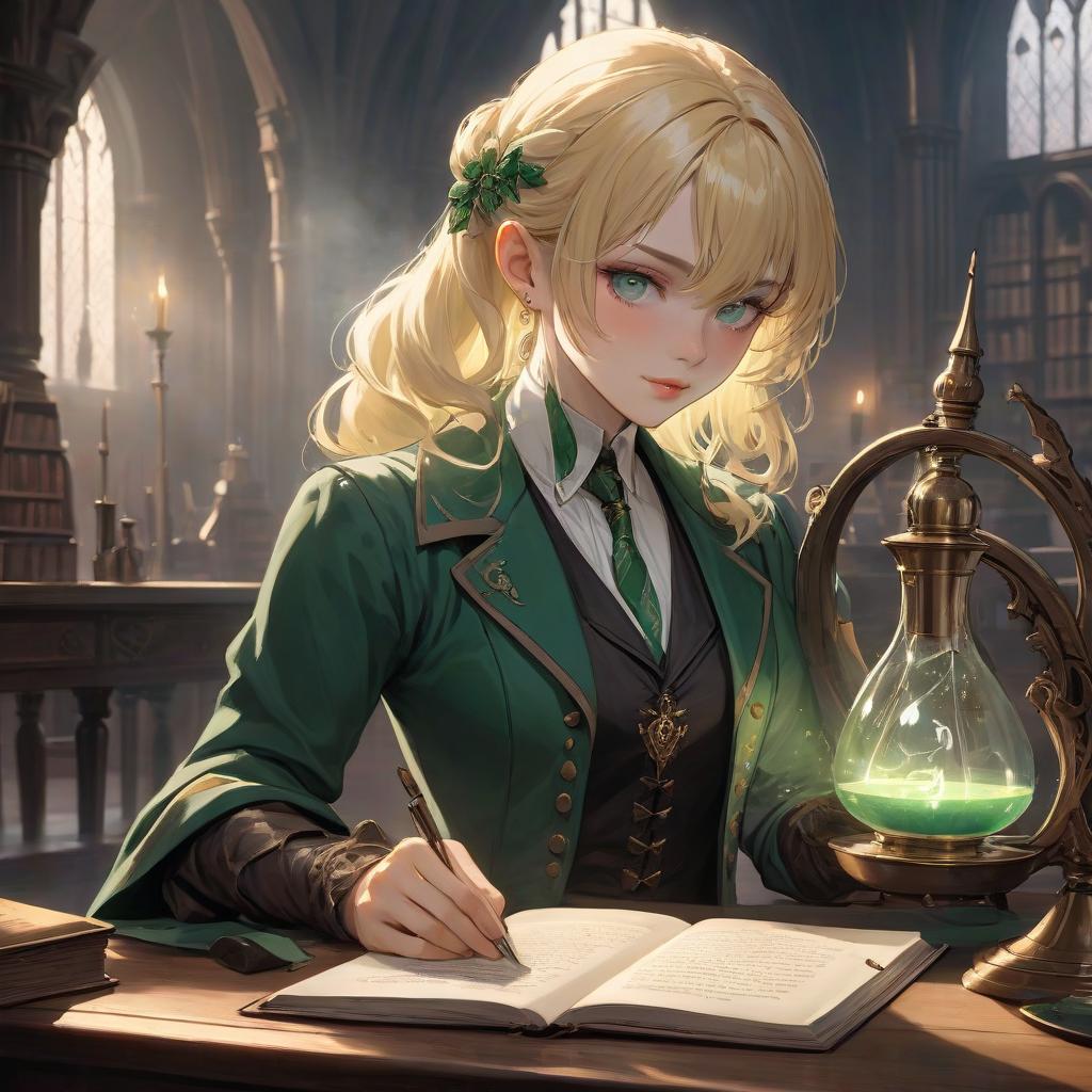  dreamscape Clear lines, good detailing, high quality picture. Slytherin student, blond, slender, pleasant facial features (pointed nose), (sharp chin), (soft skin), (soft lips). Thoughtful, serious. Aristocrat, wealthy. Background: Potions classroom, (Hogwarts), (beautiful lighting), (play of light). Detailed hands, quality anatomy, realistic anatomy. . surreal, ethereal, dreamy, mysterious, fantasy, highly detailed hyperrealistic, full body, detailed clothing, highly detailed, cinematic lighting, stunningly beautiful, intricate, sharp focus, f/1. 8, 85mm, (centered image composition), (professionally color graded), ((bright soft diffused light)), volumetric fog, trending on instagram, trending on tumblr, HDR 4K, 8K