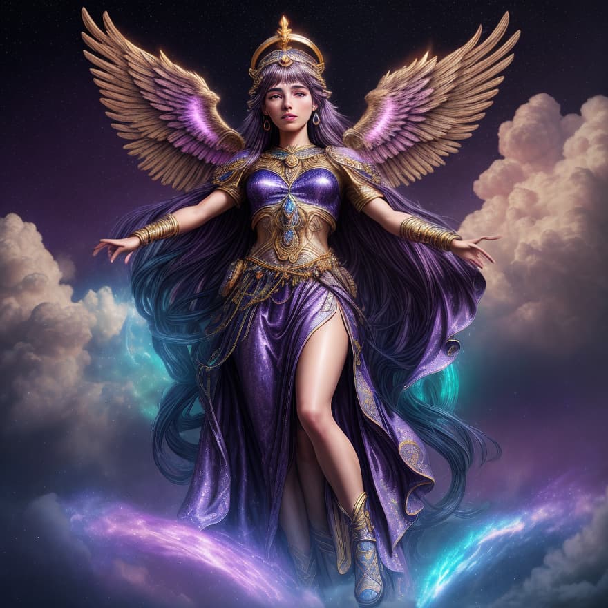  one goddees, 1 character, from sky, from heaven, A hyper realistic opal statue of Greek goddesses of dreams ((Oneiros)) Athena with colourful, peace god, Korean skin, on the clouds, magic lights falling from wings, three quoter view, pretty French face, sharp detailed, purple and gold clothes, dark purple hair, metallic carvings purple, Sparkling Golden Particles Trail Stars Glittering particle effect, dark purple background, Hyperdetailed photorealism, 108 megapixels, purple amazing depth, an Athena temple behind clouds, glowing rich colors, powerful imagery, psychedelic, cinematic lighting, Artstation concept art, smooth, sharp focus, illustration, art by John Collier and 8k, an epic fantasy, Digital art. Highly detailed. Octane render