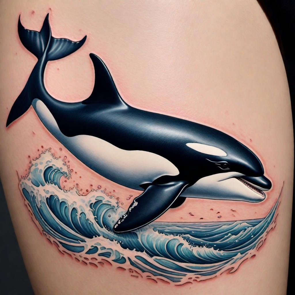  A killer whale tattoo design featuring a majestic orca swimming gracefully in the ocean, with intricate details on its skin and a background of ocean waves and marine life. The design should capture the power and beauty of the killer whale, showcasing it as a symbol of strength and elegance. hyperrealistic, full body, detailed clothing, highly detailed, cinematic lighting, stunningly beautiful, intricate, sharp focus, f/1. 8, 85mm, (centered image composition), (professionally color graded), ((bright soft diffused light)), volumetric fog, trending on instagram, trending on tumblr, HDR 4K, 8K