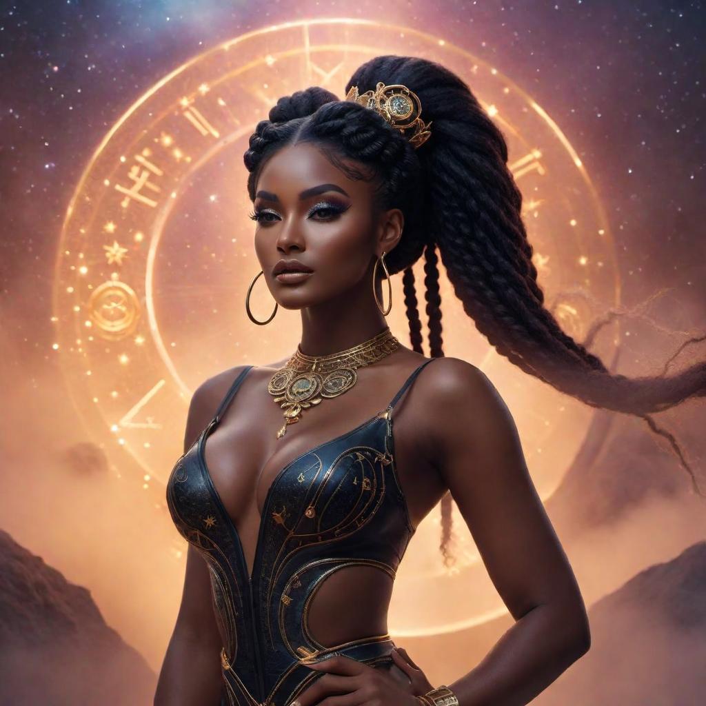  gorgeous black female Gemini zodiac sign fantasy lofi hyperrealistic, full body, detailed clothing, highly detailed, cinematic lighting, stunningly beautiful, intricate, sharp focus, f/1. 8, 85mm, (centered image composition), (professionally color graded), ((bright soft diffused light)), volumetric fog, trending on instagram, trending on tumblr, HDR 4K, 8K