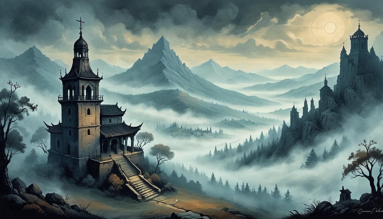  on parchment, surrealism+++, Ancient bell tower, cloaked in mist, distant mountains silhouetted against a dim sky, echoing call, ethereal, beckoning(mysterious, provocative, symbolic,muted color)+++