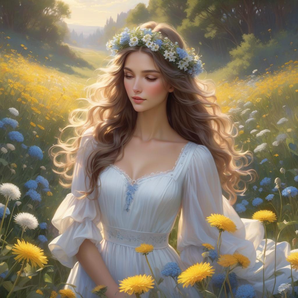  hyperrealistic art A with a floral crown and flowing hair is amidst a bright field of flowers, sunlight dappling through, creating a serene, magical atmosphere In the style of Daniel F Gerhartz and Morgan Weistling. A young with long, wavy hair adorned with small blue and white flowers blowing on a dandelion in a meadow filled with dandelions and other small flowers. She wears a white dress with puffy sleeves. The scene is ed in soft, warm light, creating a dreamy, ethereal atmosphere. Started from image: . extremely high resolution details, photographic, realism pushed to extreme, fine texture, incredibly lifelike hyperrealistic, full body, detailed clothing, highly detailed, cinematic lighting, stunningly beautiful, intricate, sharp focus, f/1. 8, 85mm, (centered image composition), (professionally color graded), ((bright soft diffused light)), volumetric fog, trending on instagram, trending on tumblr, HDR 4K, 8K