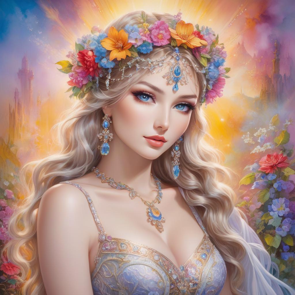  abstract expressionist painting A portrait of a woman with a flower crown and bejeweled accessories against a soft, colorful background. Watercolor in the style of Josephine Wall, Tomasz Allen Kopera, Dariusz Zawadzki, Andreja Peklar, Ivan Shiskine,Create an image of a young woman with a radiant and cheerful expression. Her skin is smooth with a fair complexion. She has large, captivating eyes with a gentle gaze and well defined eyebrows. Her full lips curve into a warm, inviting smile that enhances her approachable aura. Her hair is voluminous and flows in luxurious, well defined waves, cascading around her face and shoulders. The hair color is a soft, monochromatic hue that harmonizes with the colour tone of the image, giving an overall c hyperrealistic, full body, detailed clothing, highly detailed, cinematic lighting, stunningly beautiful, intricate, sharp focus, f/1. 8, 85mm, (centered image composition), (professionally color graded), ((bright soft diffused light)), volumetric fog, trending on instagram, trending on tumblr, HDR 4K, 8K