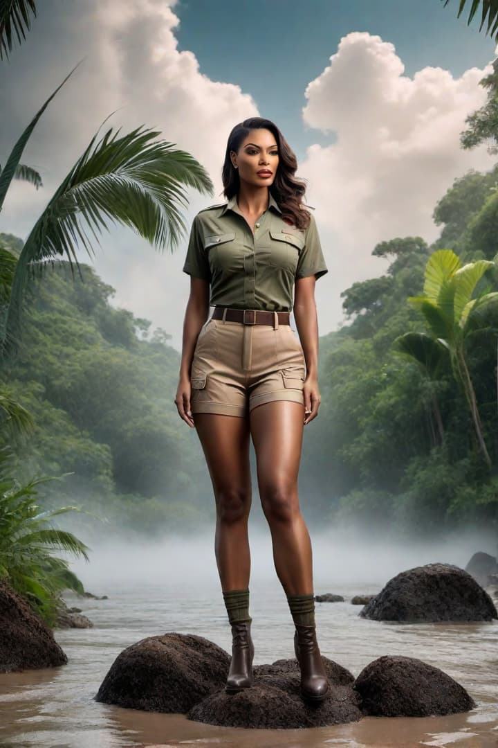  1940s era female explorer ,Ola Ray, wearing khaki shorts and short sleeve khaki shirt with khaki knee socks , is shown sinking h the jungle mud hole up to her chest hyperrealistic, full body, detailed clothing, highly detailed, cinematic lighting, stunningly beautiful, intricate, sharp focus, f/1. 8, 85mm, (centered image composition), (professionally color graded), ((bright soft diffused light)), volumetric fog, trending on instagram, trending on tumblr, HDR 4K, 8K