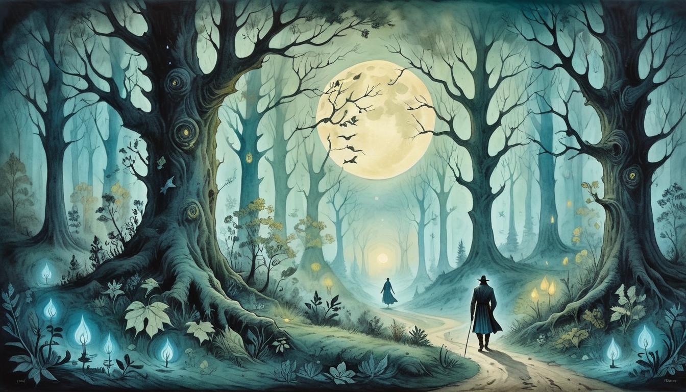  on parchment, surrealism+++, A vast, enchanted forest with leaves glowing under the moonlight, a lone figure journeying through, surrounded by spectral visions, ethereal, magical realism(mysterious, provocative, symbolic,muted color)+++