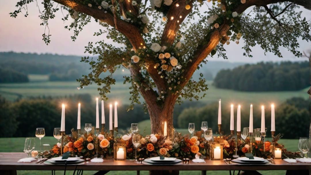  Create an image of a wedding table centerpiece designed for an elegant and romantic wedding reception. The centerpiece should feature a combination of wood slice centerpieces and delicate floral arrangements, incorporating rustic and natural elements. Include warm tones of autumnal flowers and foliage for a cozy atmosphere. Add varying heights and textures to the centerpiece for visual interest. Incorporate a tree centrepiece wedding theme with branches, leaves, and twinkling fairy lights to evoke enchantment and romance. hyperrealistic, full body, detailed clothing, highly detailed, cinematic lighting, stunningly beautiful, intricate, sharp focus, f/1. 8, 85mm, (centered image composition), (professionally color graded), ((bright soft diffused light)), volumetric fog, trending on instagram, trending on tumblr, HDR 4K, 8K