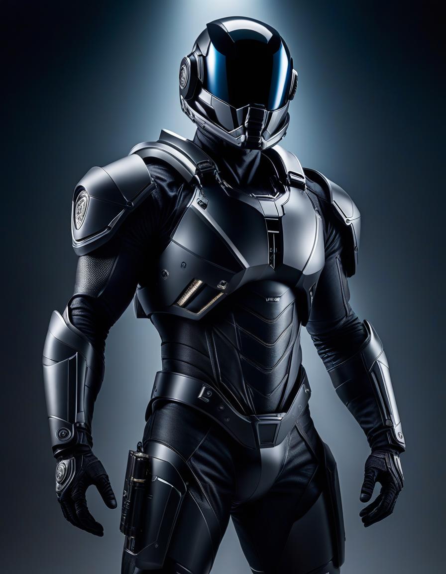  Book cover: A man in a black exoskeleton wearing a helmet, standing with his arms crossed over his chest. No background, very detailed and detailed model hyperrealistic, full body, detailed clothing, highly detailed, cinematic lighting, stunningly beautiful, intricate, sharp focus, f/1. 8, 85mm, (centered image composition), (professionally color graded), ((bright soft diffused light)), volumetric fog, trending on instagram, trending on tumblr, HDR 4K, 8K