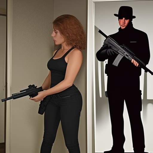  A woman is going to kill a man by shooting him by a gun both the man and the woman should be clearly visible make it more realistic the man is scared