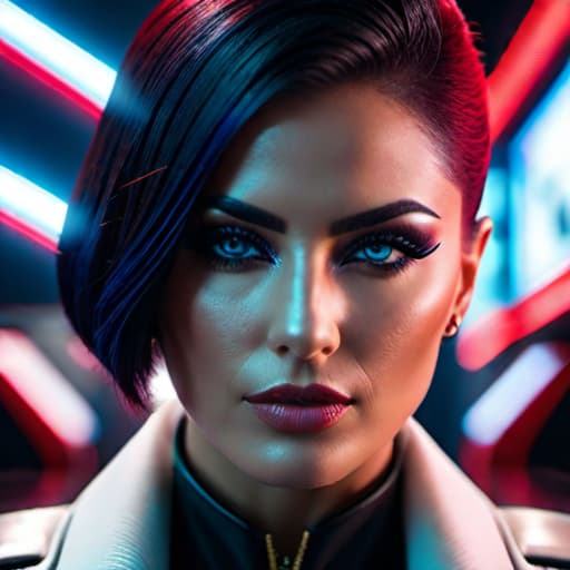  ultra realistic close up portrait ((beautiful pale cyberpunk female with heavy black eyeliner)), blue eyes, shaved side haircut, hyper detail, cinematic lighting, magic neon, dark red city, Canon EOS R3, nikon, f/1.4, ISO 200, 1/160s, 8K, RAW, unedited, symmetrical balance, in-frame, 8K hyperrealistic, full body, detailed clothing, highly detailed, cinematic lighting, stunningly beautiful, intricate, sharp focus, f/1. 8, 85mm, (centered image composition), (professionally color graded), ((bright soft diffused light)), volumetric fog, trending on instagram, trending on tumblr, HDR 4K, 8K