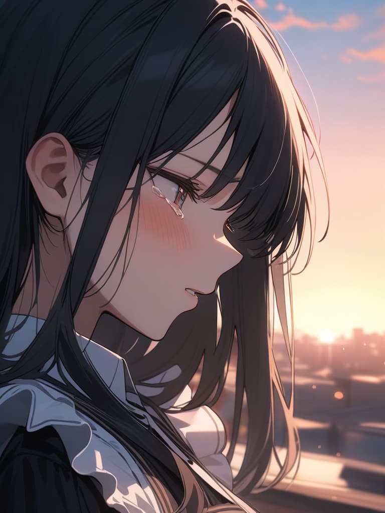  Gles, black hair, ided, maid, sunset, tio, facial shot, , gles , tears are forcibly inserted into the mouth., masterpiece, best quality,8k,ultra detailed,high resolution,an extremely delicate and beautiful,hyper detail