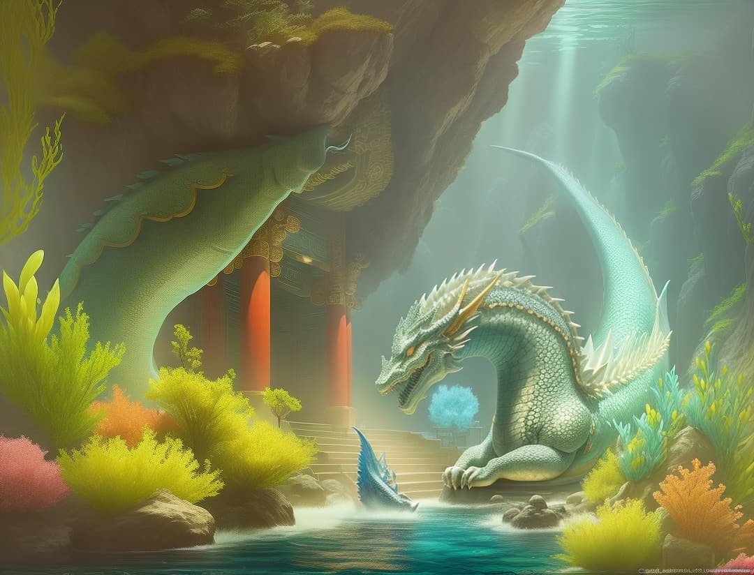  A Chinese underwater holy temple, two giant dragons, and mermaids swimming , hyperrealistic, high quality, highly detailed, perfect lighting, intricate, sharp focus, f/1. 8, 85mm, (centered image composition), (professionally color graded), ((bright soft diffused light)), trending on instagram, HDR 4K, 8K