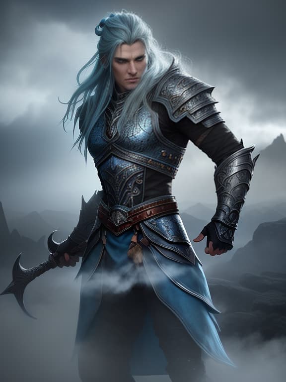  A large portrait of a fantasy blue warrior named Konna with a brutal Scandinavian face, without a helmet but with a ring in his hair. hyperrealistic, full body, detailed clothing, highly detailed, cinematic lighting, stunningly beautiful, intricate, sharp focus, f/1. 8, 85mm, (centered image composition), (professionally color graded), ((bright soft diffused light)), volumetric fog, trending on instagram, trending on tumblr, HDR 4K, 8K