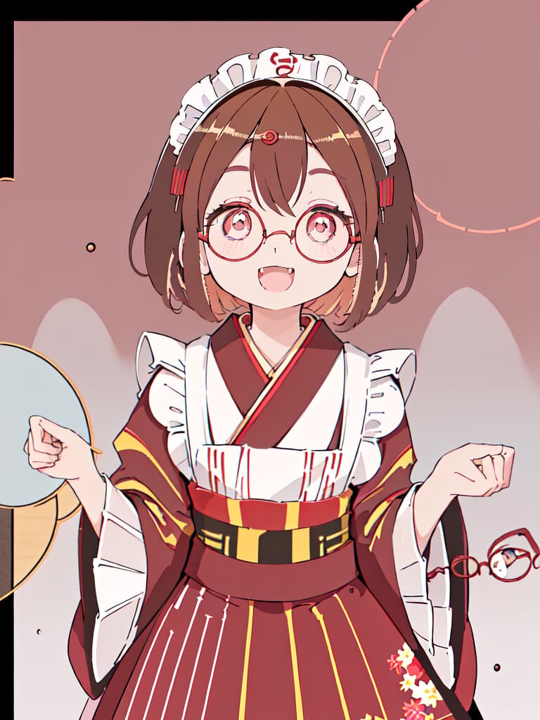  ultra detailed:1.2,masterpiece:1.2,best quality,masterpiece,bestquality,hdr:1.1,8k:1.1,very cute girl:1.3,(wine red color kimono,vertical striped kimono:1.3),(minimum very small round eyewear:1.7),(dark brown hair:1.3),(black eye:1.2),(maid headdress:1.5),(white apron:1.4),upper body:1.3,face focus:1.4,old Japanese room:1.5,(open mouth,fang:1.4),(light smile:1.3),(short hair),(forehead:1.1),hair pin:1.3,(highlights eyes:1.7), masterpiece, best quality,8k,ultra detailed,high resolution,an extremely delicate and beautiful,hyper detail