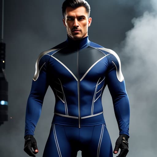  image of a man wearing a dark blue skin tight secret agent costume with grey strips and howling wolf design hyperrealistic, full body, detailed clothing, highly detailed, cinematic lighting, stunningly beautiful, intricate, sharp focus, f/1. 8, 85mm, (centered image composition), (professionally color graded), ((bright soft diffused light)), volumetric fog, trending on instagram, trending on tumblr, HDR 4K, 8K