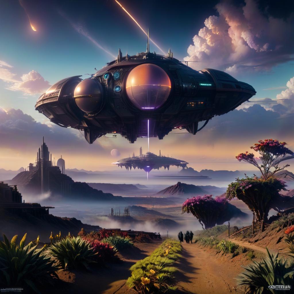  cyberpunk game style Sci fi digital painting of an alien landscape with otherworldly plants, a starship, strange creatures and distant planets, They explore the strange landscape, encountering exotic particles and radiation unlike anything seen in modern times, Sunset clouds in background, outer space, astrophotography, twinkling lights, trending on cgsociety, trending on artstation, intricate artwork masterpiece, golden ratio, ominous, intricate, epic, vibrant, matte painting movie poster, production cinematic character render, highly detailed, ultra high quality mod . neon, dystopian, futuristic, digital, vibrant, detailed, high contrast, reminiscent of cyberpunk genre video games, Civitai hyperrealistic, full body, detailed clothing, highly detailed, cinematic lighting, stunningly beautiful, intricate, sharp focus, f/1. 8, 85mm, (centered image composition), (professionally color graded), ((bright soft diffused light)), volumetric fog, trending on instagram, trending on tumblr, HDR 4K, 8K