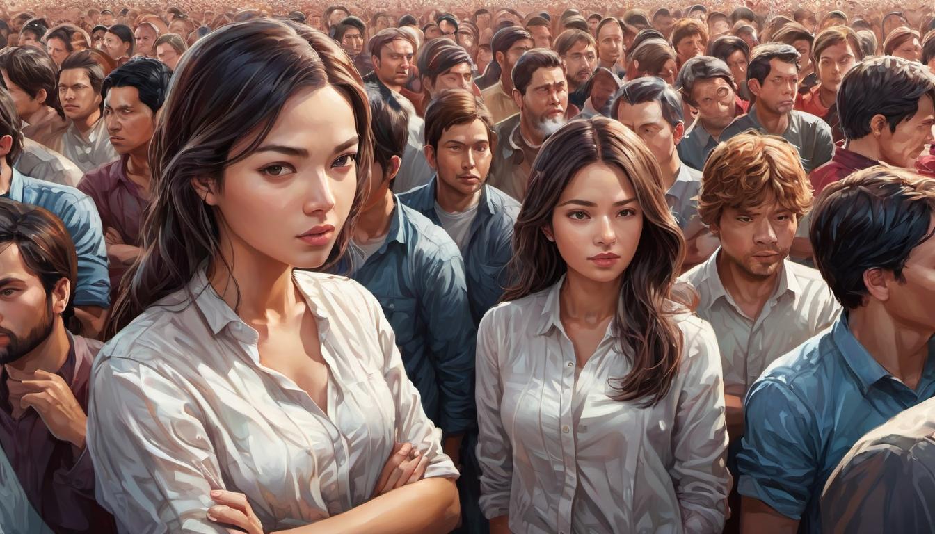  digital illustration, 1woman, standing firm with crossed arms in front of a swirling, chaotic crowd, calm expression, background of indistinguishable faces and noise, determination, conscious choice, individuality, looking at viewer, dynamic pose, (intricate details, masterpiece, best quality)