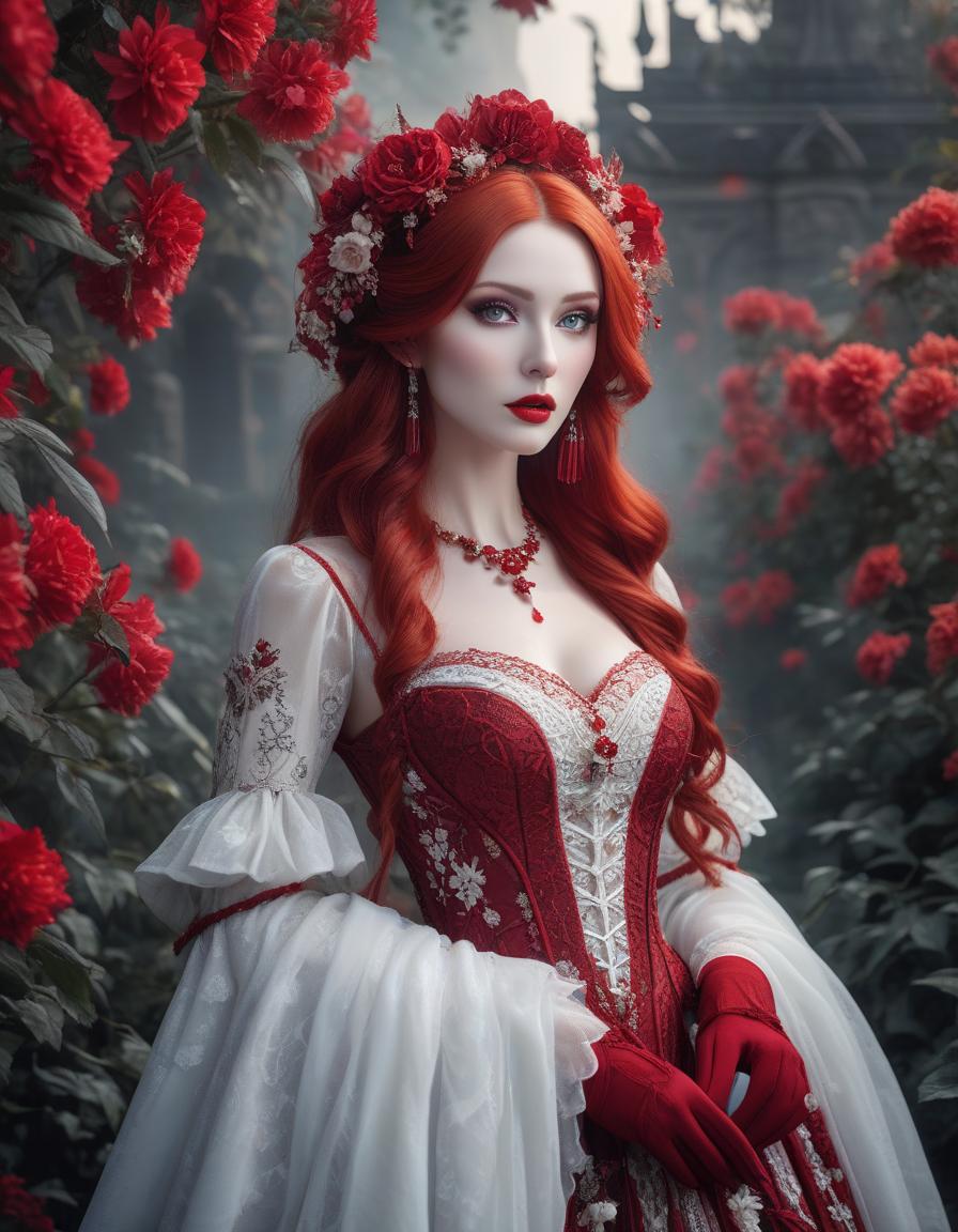  gothic style The best AI image of an exquisitely beautiful woman with beautiful eyes and beautiful mouth and milky white skin, she has flowing red tresses decorated with red and white flowers and is wearing an insanely beautiful and detailed dress, bold pastel colours . dark, mysterious, haunting, dramatic, ornate, detailed hyperrealistic, full body, detailed clothing, highly detailed, cinematic lighting, stunningly beautiful, intricate, sharp focus, f/1. 8, 85mm, (centered image composition), (professionally color graded), ((bright soft diffused light)), volumetric fog, trending on instagram, trending on tumblr, HDR 4K, 8K