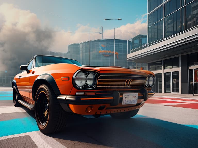  Bright image Parking lot with cars Sunny day Russia Orange and blue shades hyperrealistic, full body, detailed clothing, highly detailed, cinematic lighting, stunningly beautiful, intricate, sharp focus, f/1. 8, 85mm, (centered image composition), (professionally color graded), ((bright soft diffused light)), volumetric fog, trending on instagram, trending on tumblr, HDR 4K, 8K