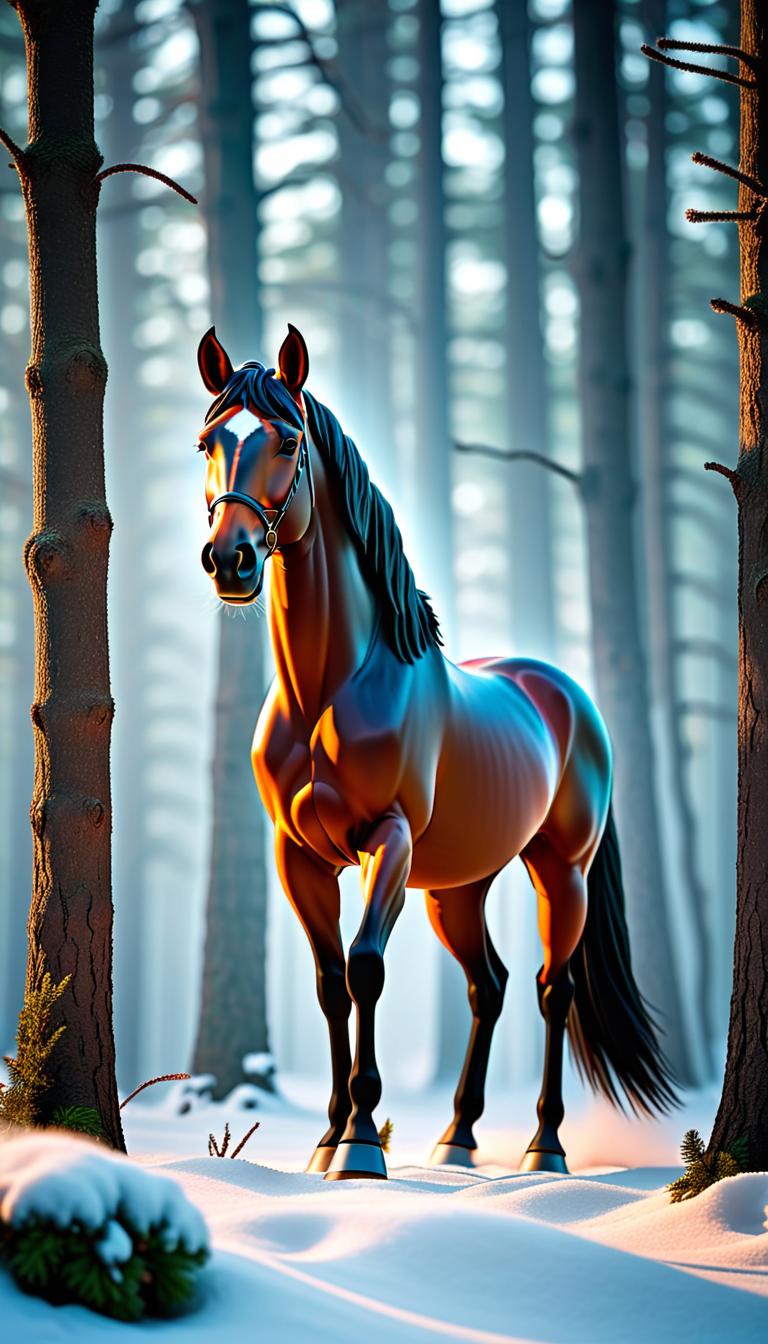  Professional 3D model of A Horse stand in a winter forest With Christmas decorations. . Rendered with Octane, the model is highly detailed,dramatic lighting. hyperrealistic, full body, detailed clothing, highly detailed, cinematic lighting, stunningly beautiful, intricate, sharp focus, f/1. 8, 85mm, (centered image composition), (professionally color graded), ((bright soft diffused light)), volumetric fog, trending on instagram, trending on tumblr, HDR 4K, 8K